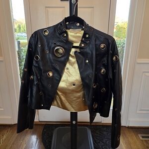 Hot & Delicious Black Leather Jacket with Gold Liner and Grommet Accents Vintage